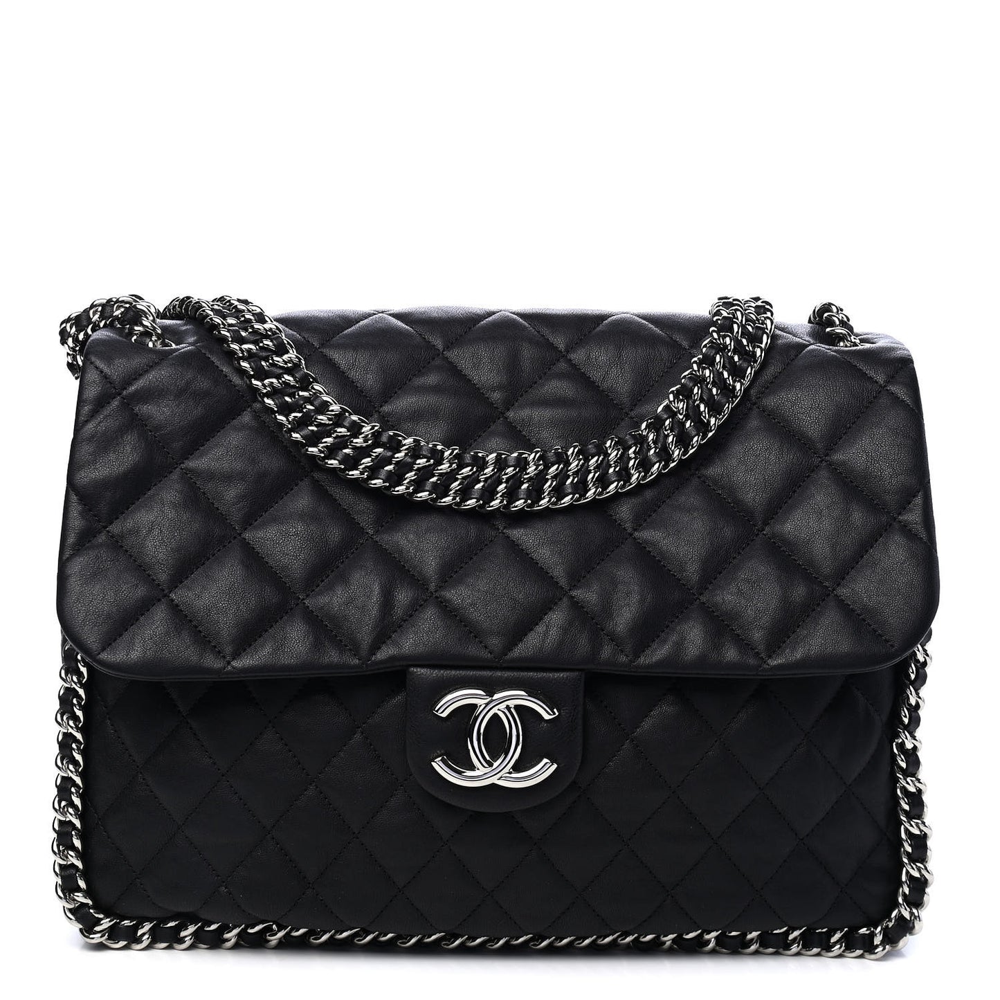 Washed Lambskin Quilted Maxi Chain Around Flap Black