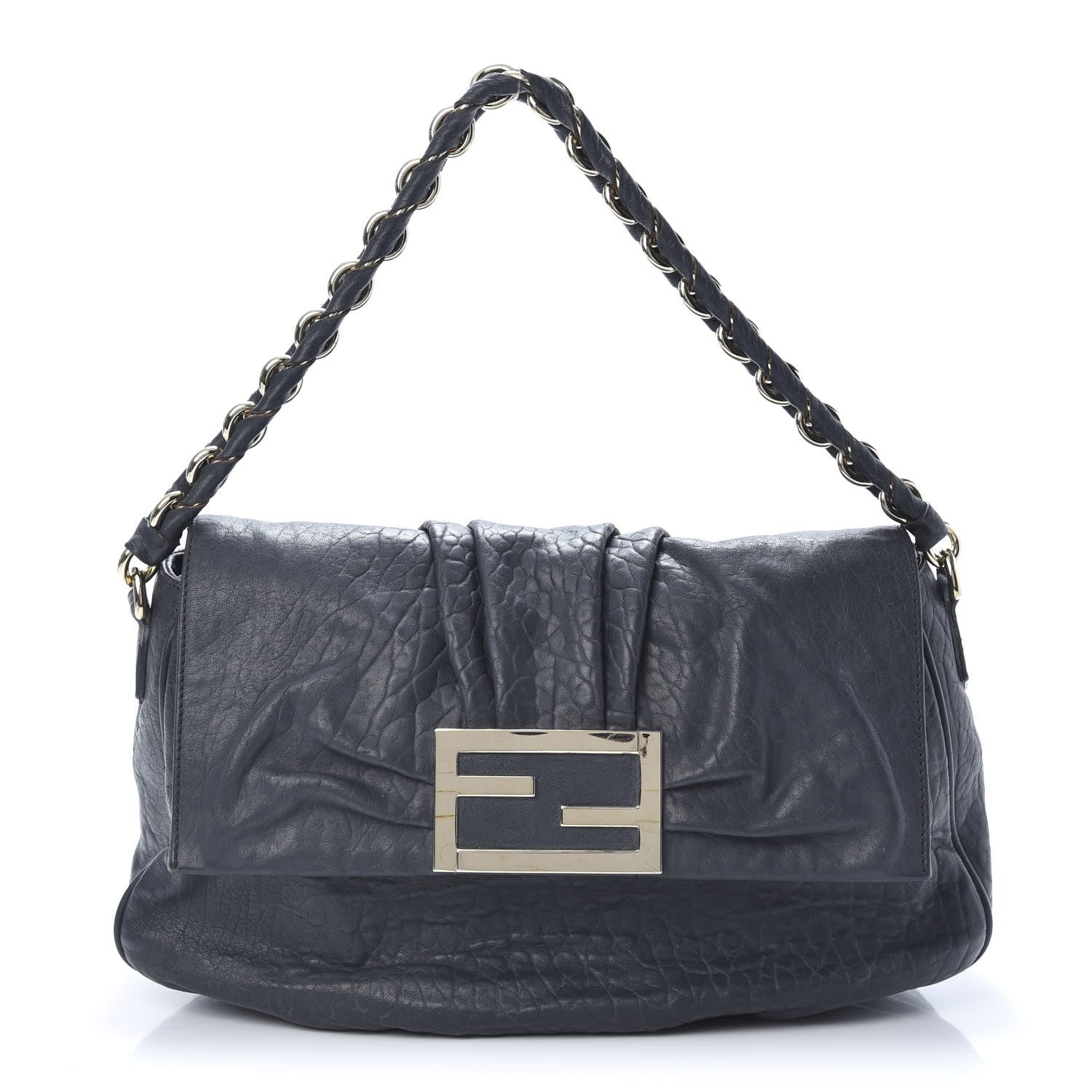 Fendi Crinkled Lambskin Mia Shoulder Flap Navy 1 of 15