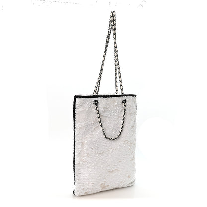 Chanel Sequin Logo Shopping Tote White Black 4 of 11