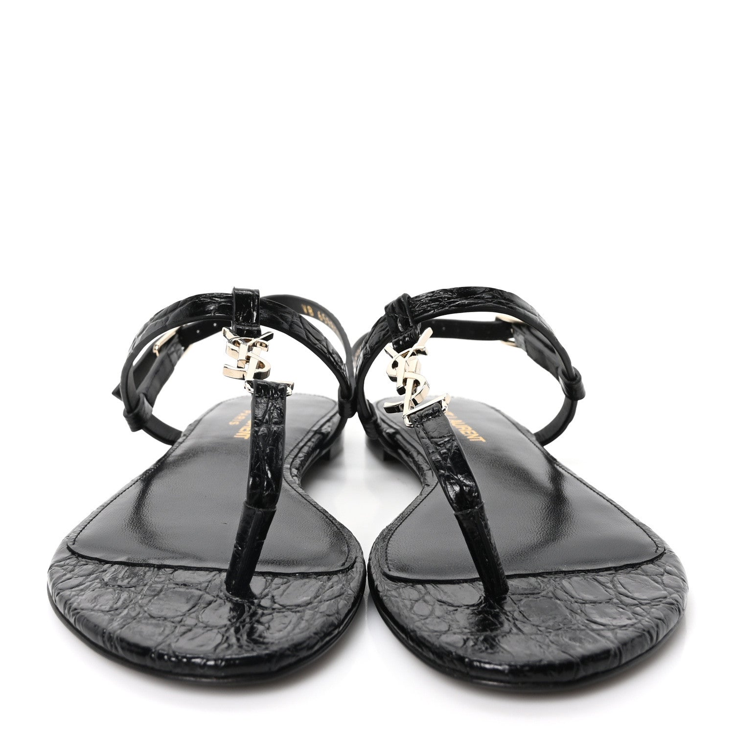 Saint Laurent Calfskin Crocodile Embossed Cassandra Monogram Sandals 35.5 Black 3 of 10