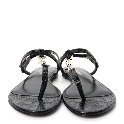 Saint Laurent Calfskin Crocodile Embossed Cassandra Monogram Sandals 35.5 Black 3 of 10