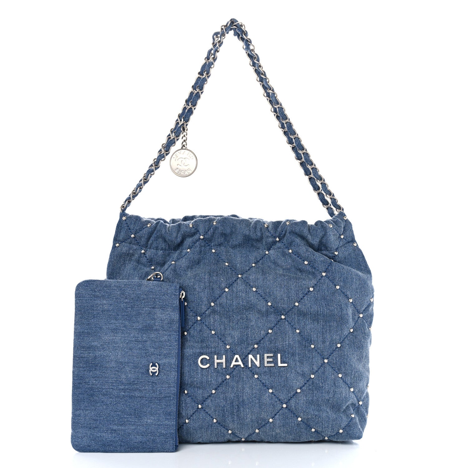 Chanel Washed Denim Quilted Studded Small Chanel 22 Blue 3 of 11