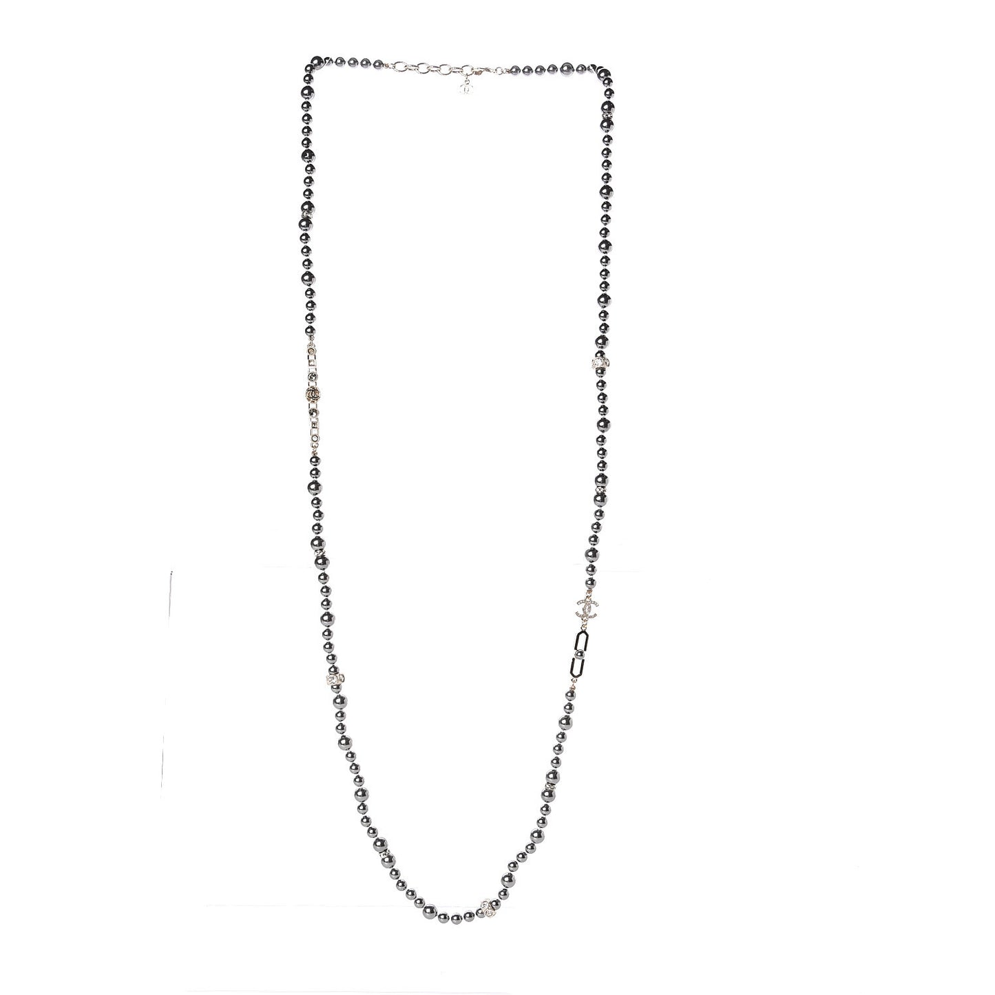 Pearl Crystal CC Long Necklace Grey Light Gold
