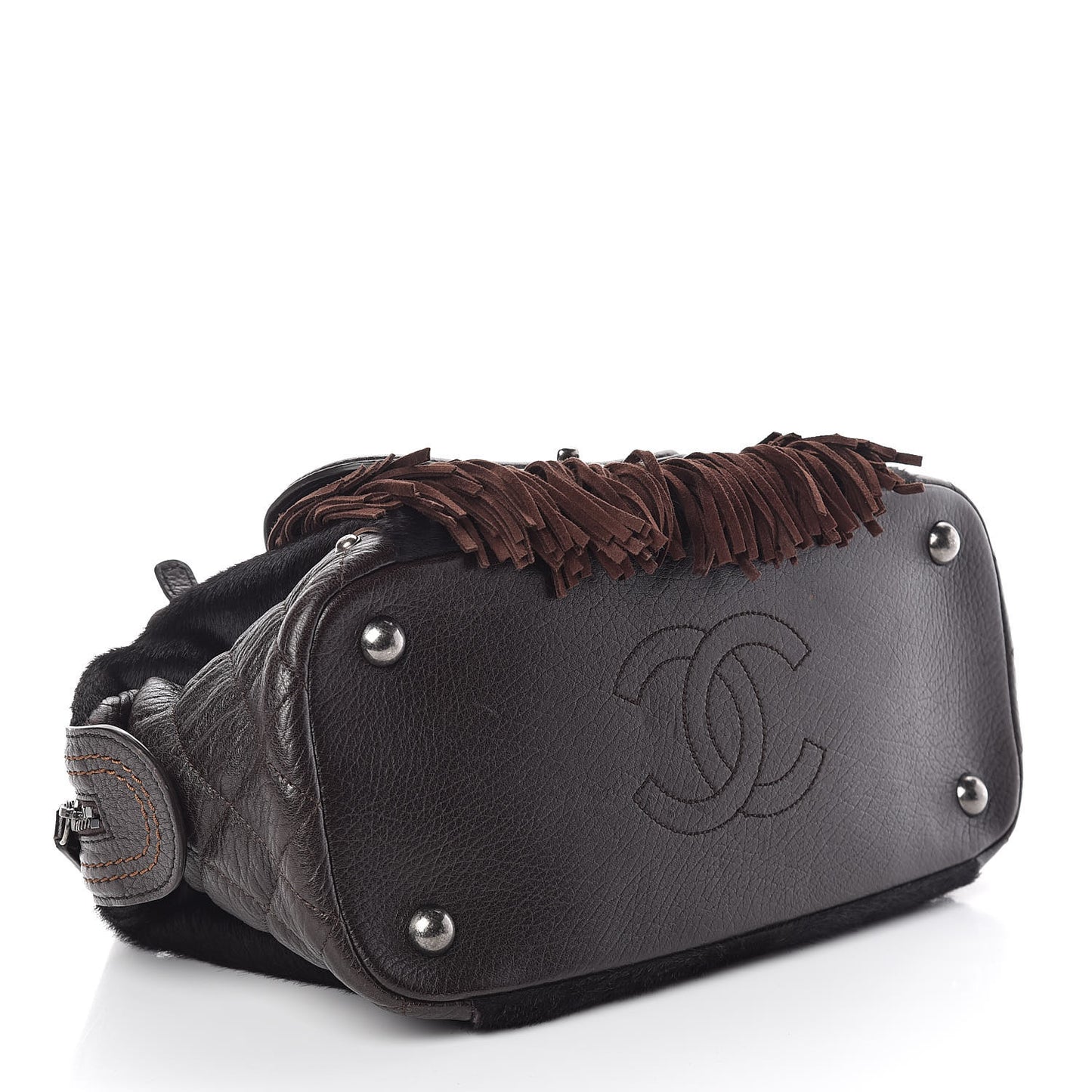 Calfskin Pony Hair Fringe Bowling Bag Brown