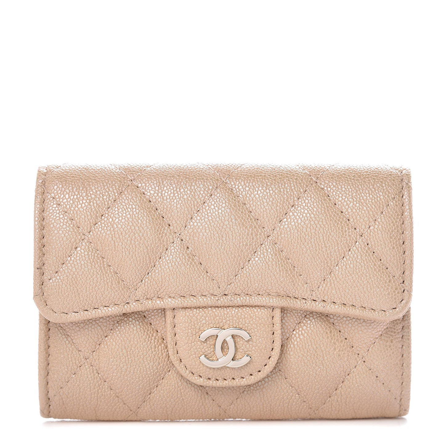 Iridescent Caviar Quilted Flap Card Holder Beige