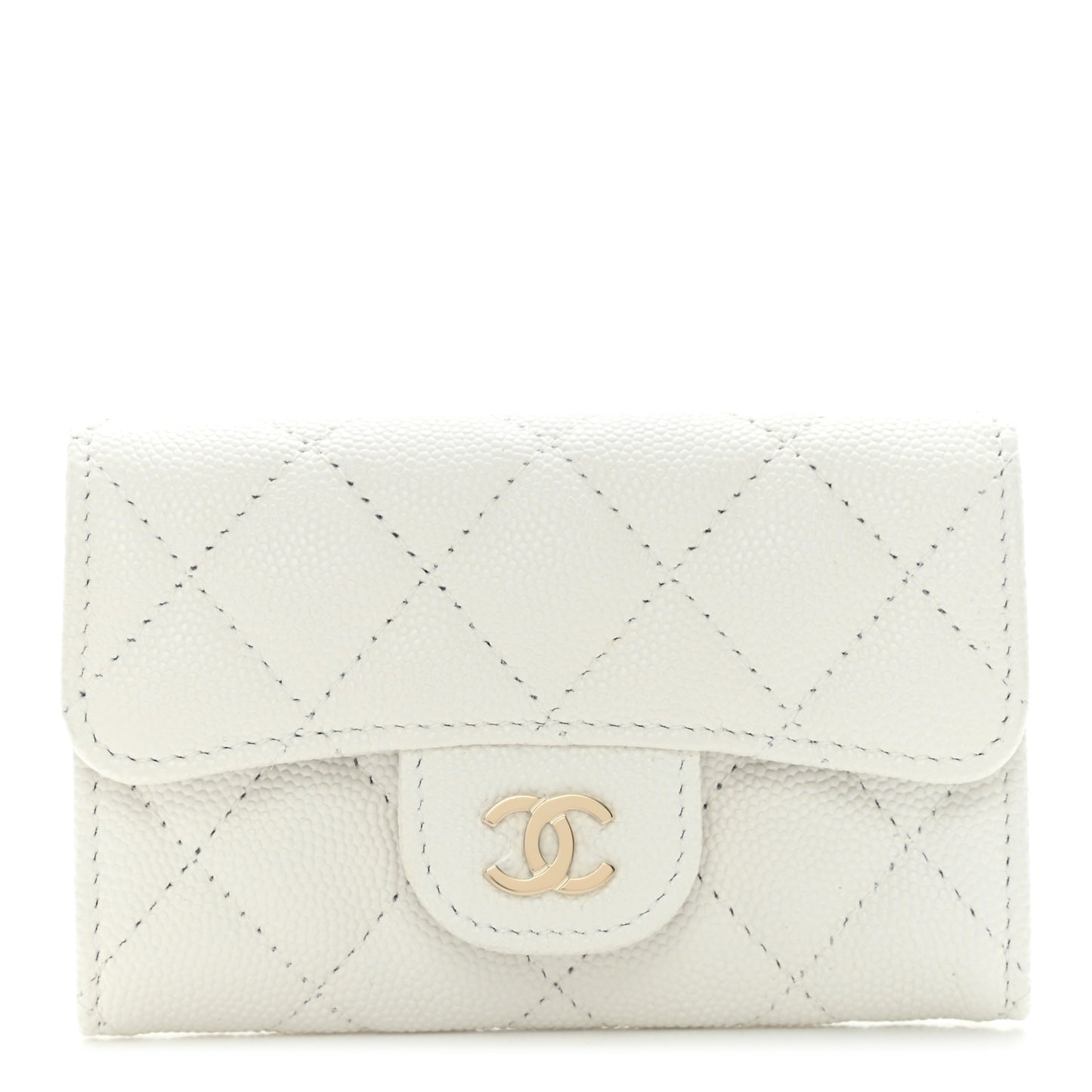 Caviar Quilted Flap Card Holder Wallet White