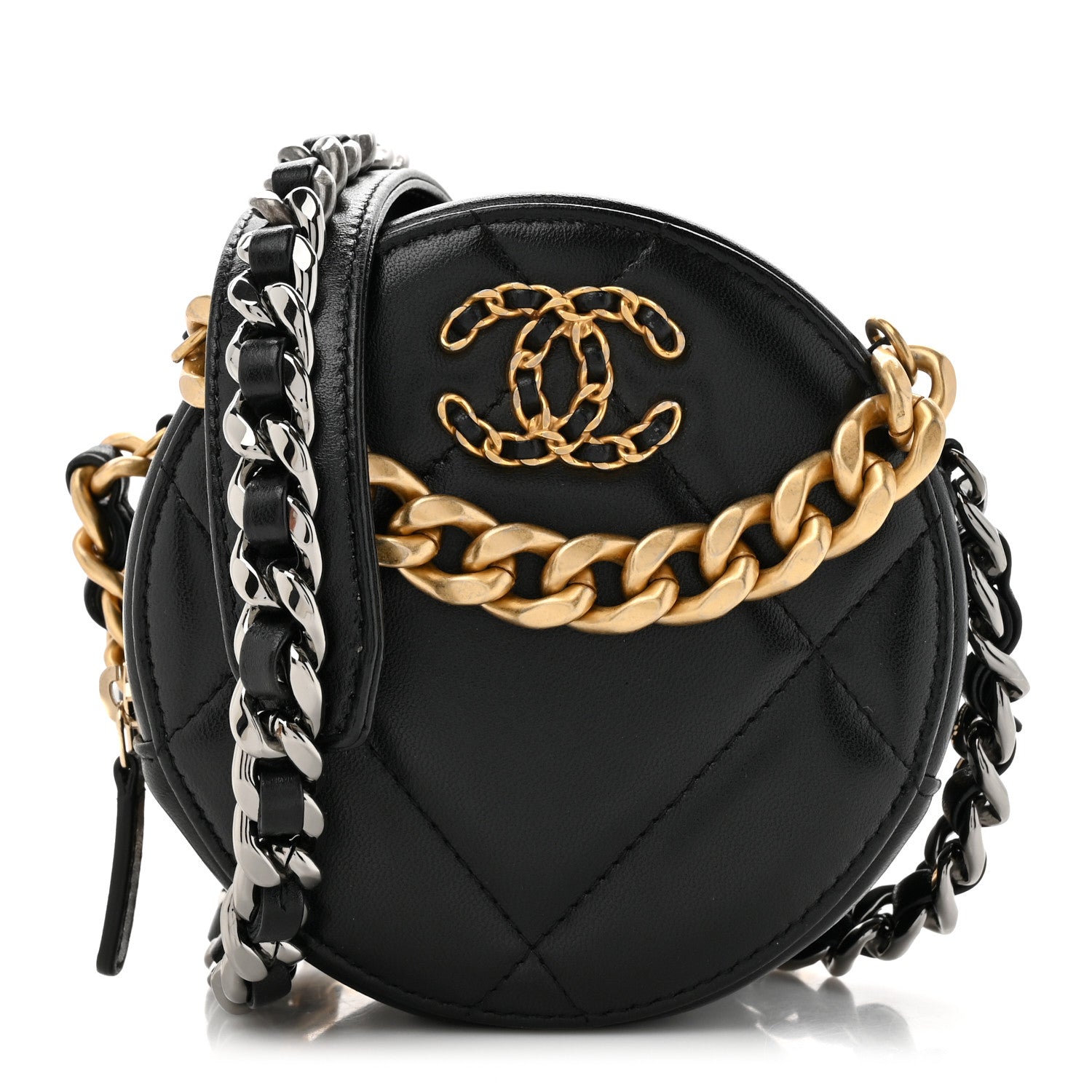 Chanel Lambskin Quilted Chanel 19 Round Clutch With Chain Black 1 of 10