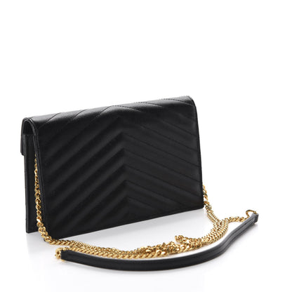 Saint Laurent Grain De Poudre Matelasse Chevron Monogram Envelope Chain Wallet Black 3 of 10