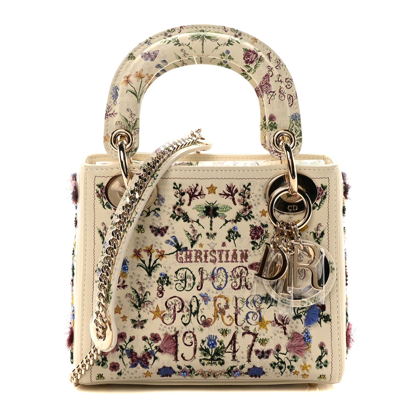 Calfskin Beaded Embroidered Paris 1947 Mini Lady Dior Latte Multicolor