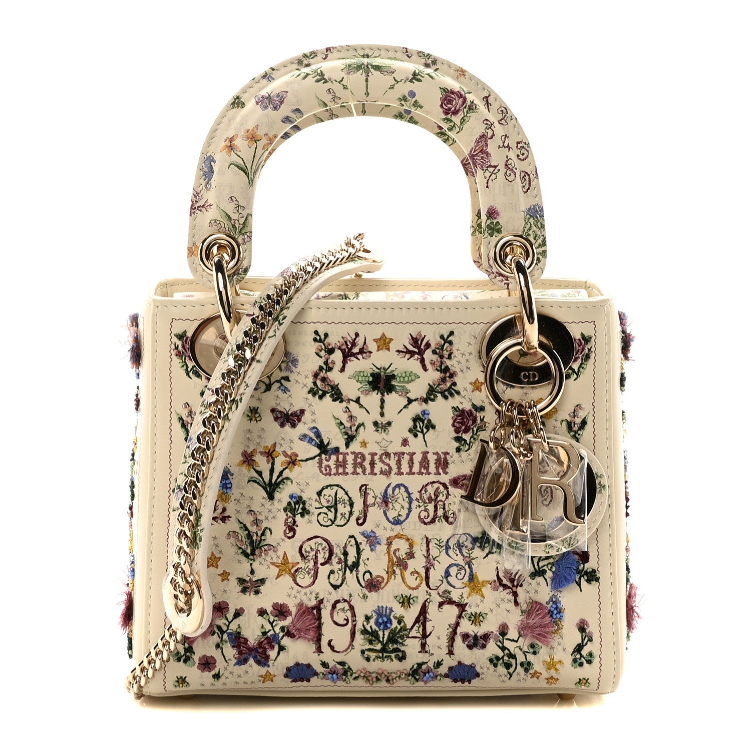 Christian Dior Calfskin Beaded Embroidered Paris 1947 Mini Lady Dior Latte Multicolor 1 of 9