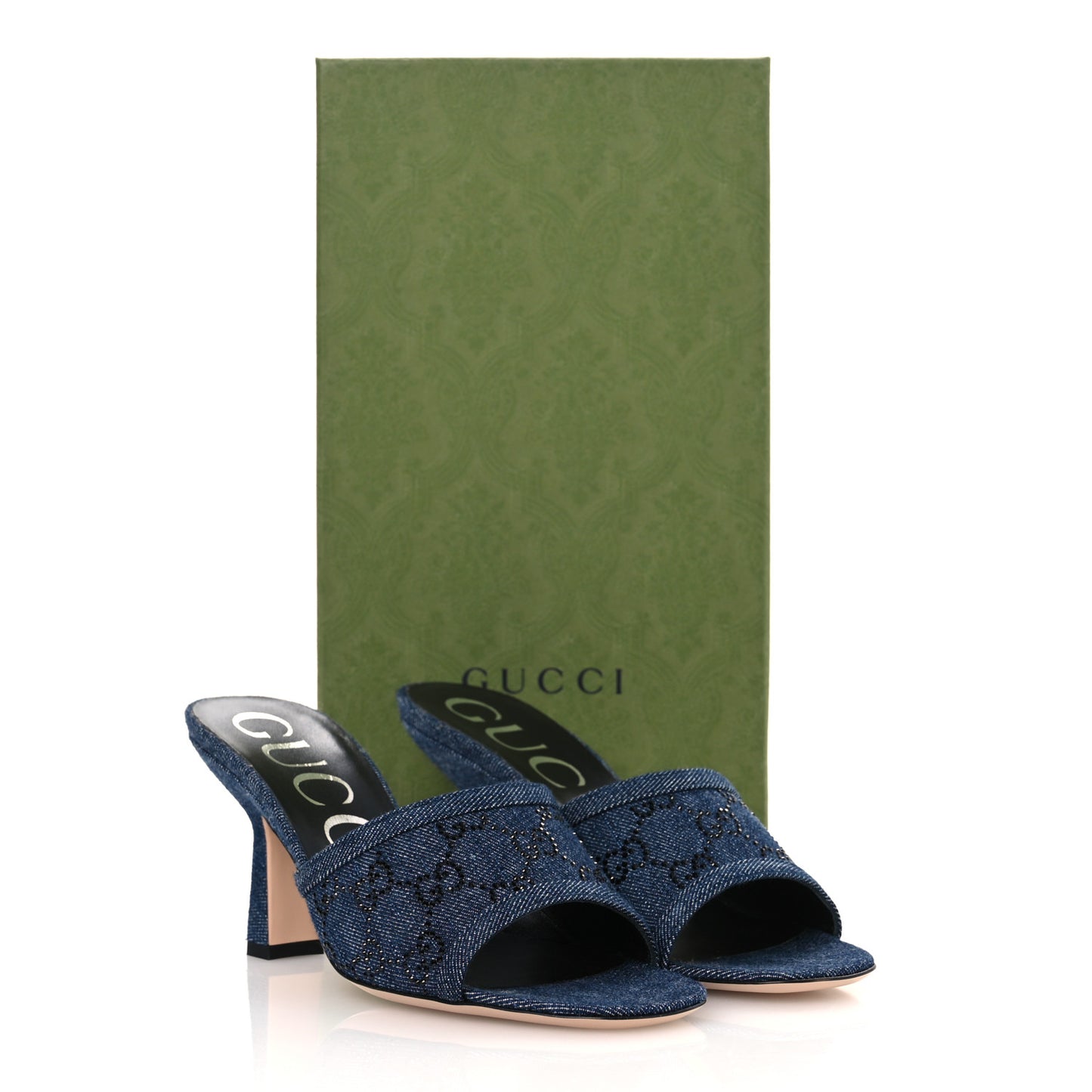 Denim Crystal GG Monogram Mules 37.5 Blue