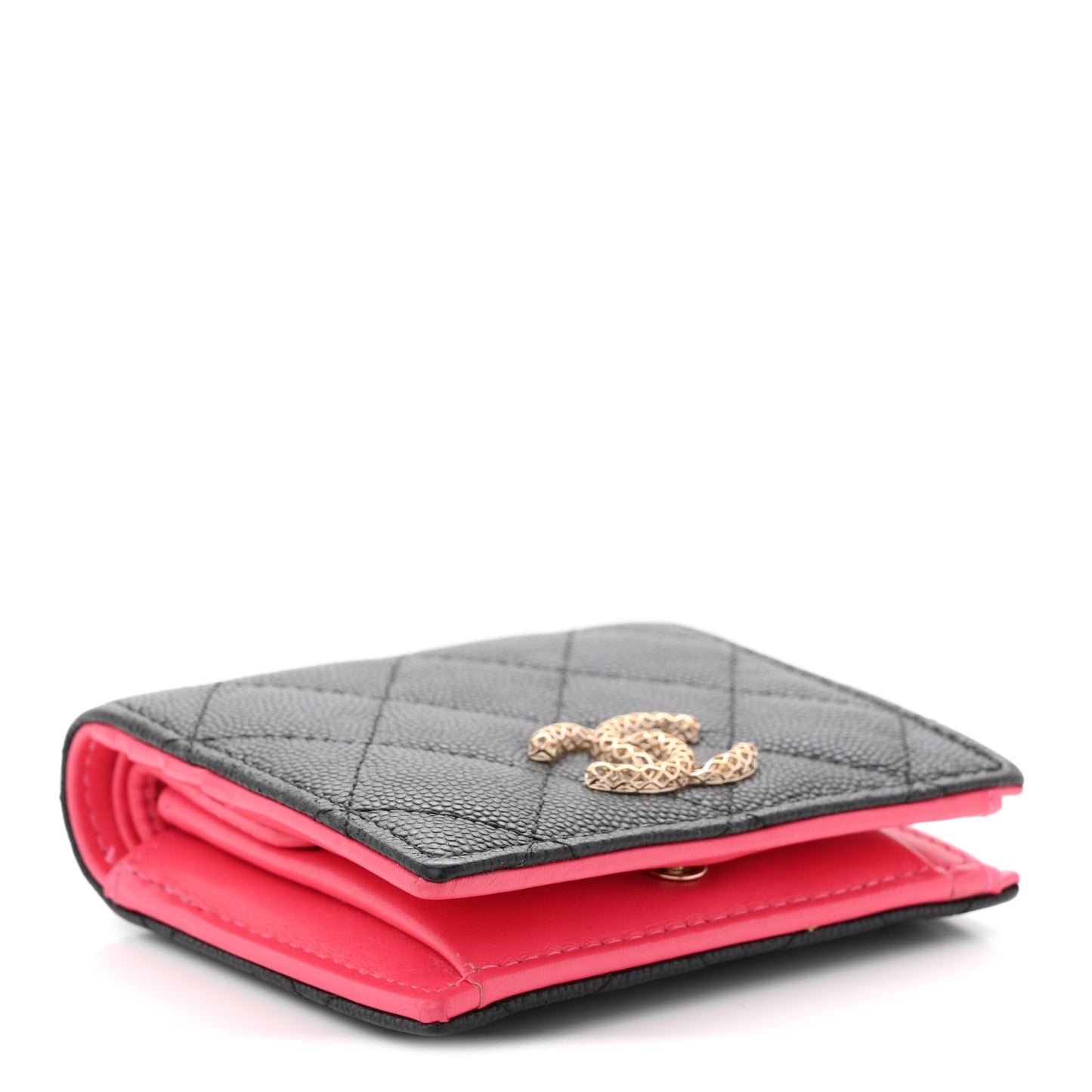 Caviar Metal Perforated Quilted CC Compact Bifold Wallet Black