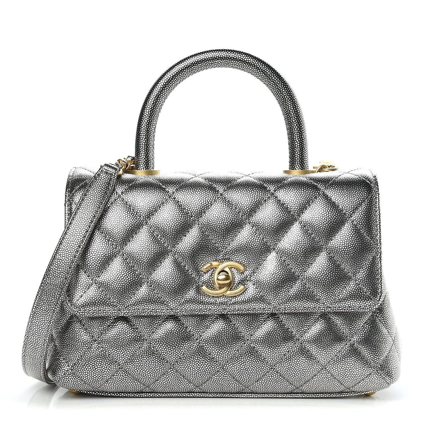 Metallic Caviar Quilted Mini Coco Handle Flap Silver