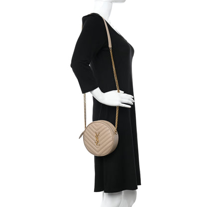 Saint Laurent Grain De Poudre Matelasse Chevron Quilted Round Vinyle Camera Bag Dark Beige 2 of 10