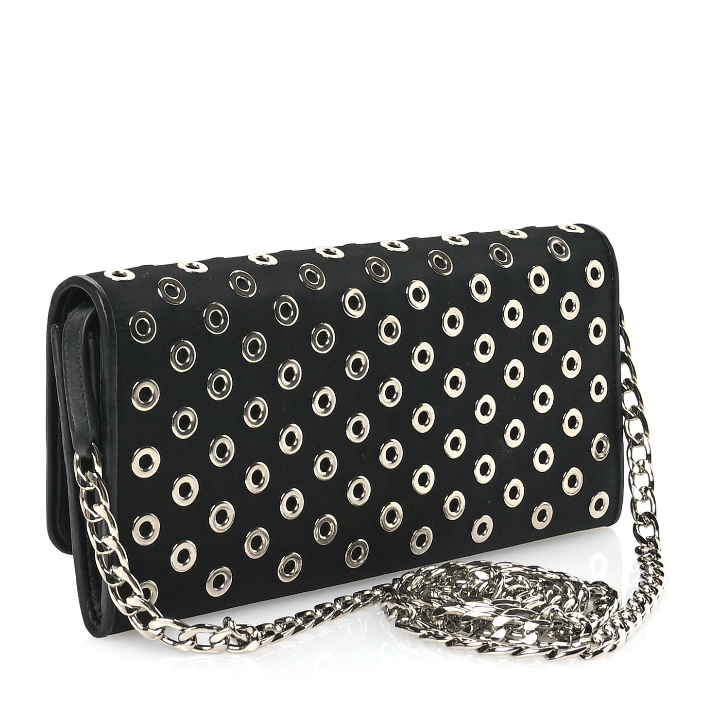 Tessuto Nylon Soft Calf Grommet Wallet On Chain Black