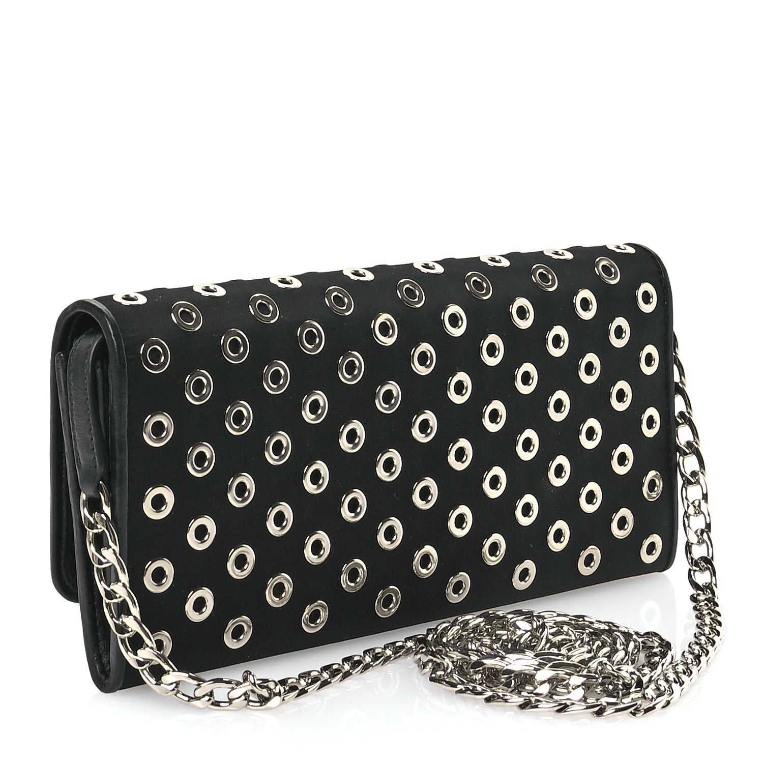Prada Tessuto Nylon Soft Calf Grommet Wallet On Chain Black 3 of 11