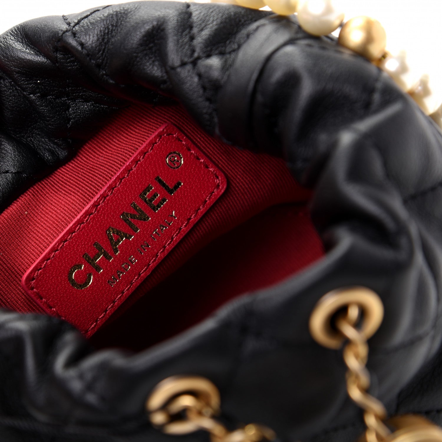 Chanel Calfskin Quilted Pearl Mini About Pearls Drawstring Bucket Bag Black 8 of 10
