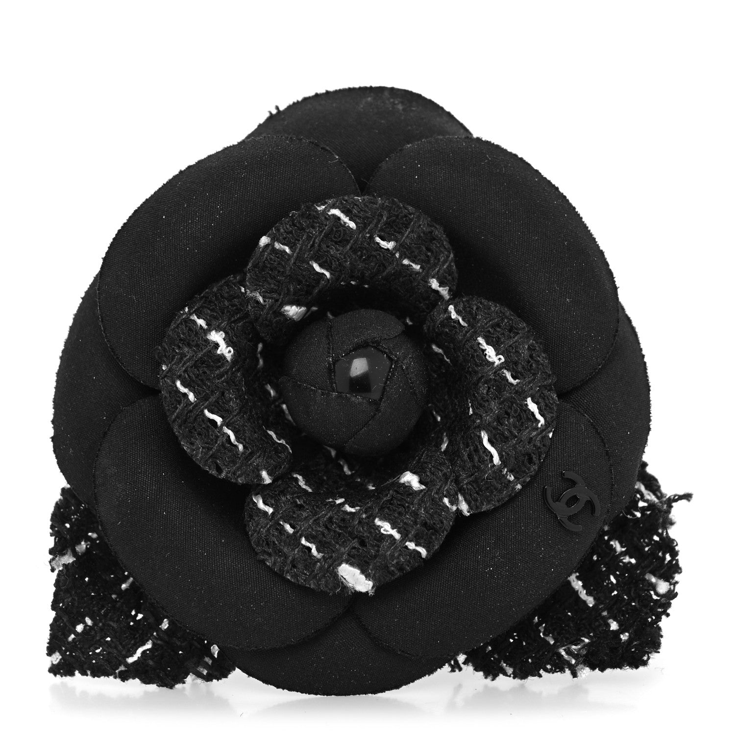 Chanel Tweed Camellia Pin Brooch Black 1 of 3