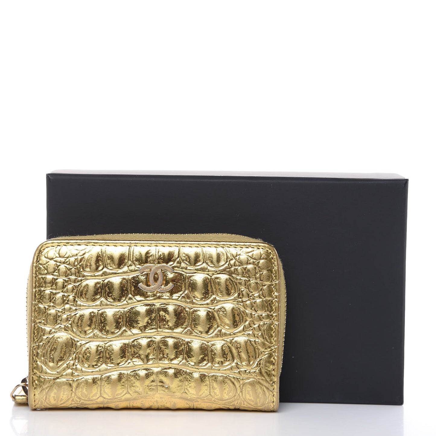 Metallic Calfskin Crocodile Embossed Cocodile Zip Coin Case Gold