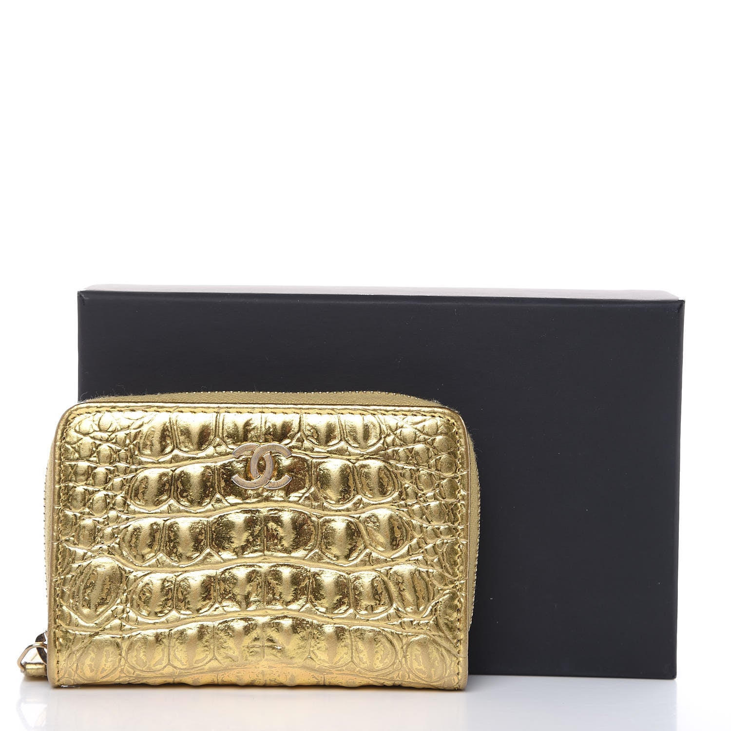 Chanel Metallic Calfskin Crocodile Embossed Cocodile Zip Coin Case Gold 8 of 8