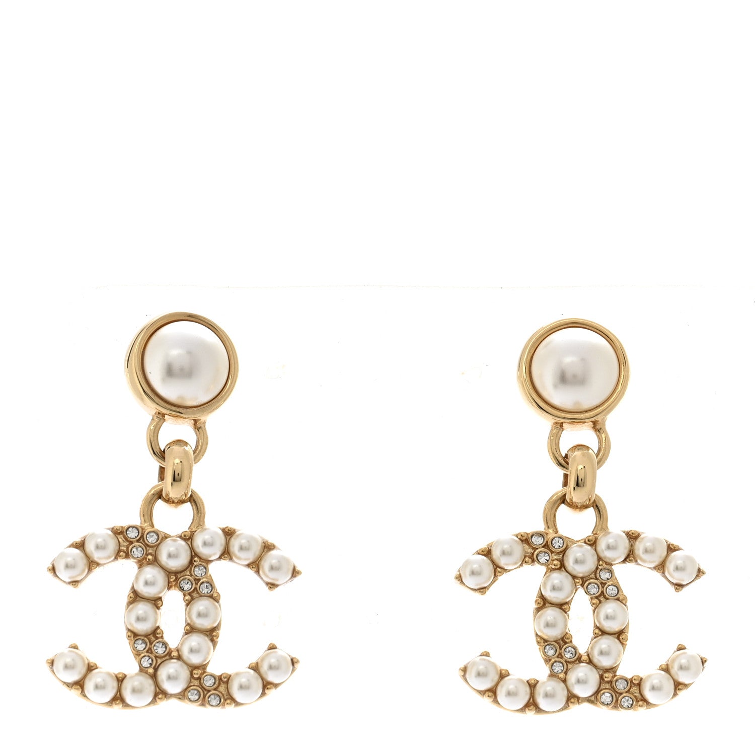 Chanel Pearl Crystal CC Drop Earrings Gold 1 of 5