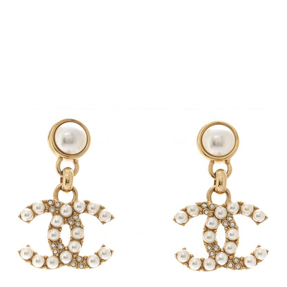 Chanel Pearl Crystal CC Drop Earrings Gold 1 of 5