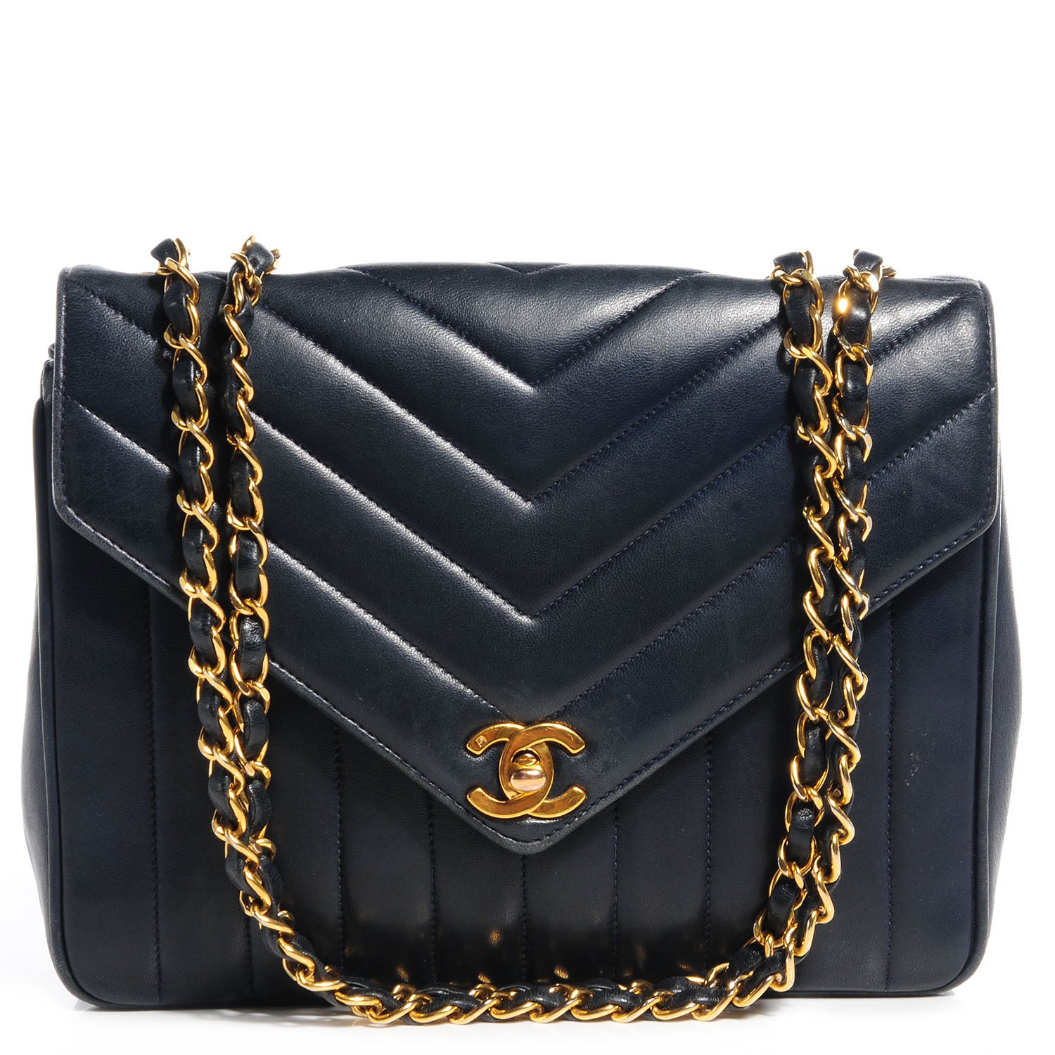 Chanel Lambskin Chevron Small Single Flap Navy Blue 1 of 10