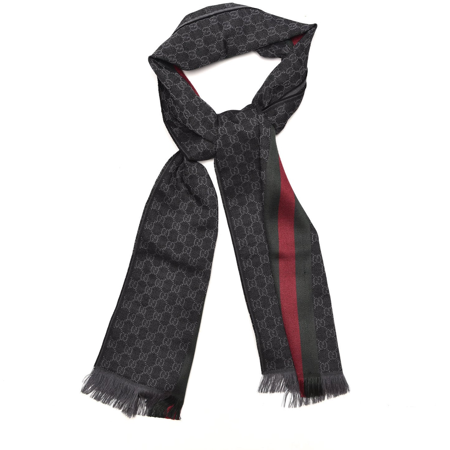 Wool Silk GG Monogram Web Verbier Fringe Scarf Black