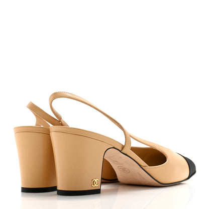 Chanel Goatskin Grosgrain Cap Toe CC Slingback Pumps 40.5 Beige Black 4 of 13