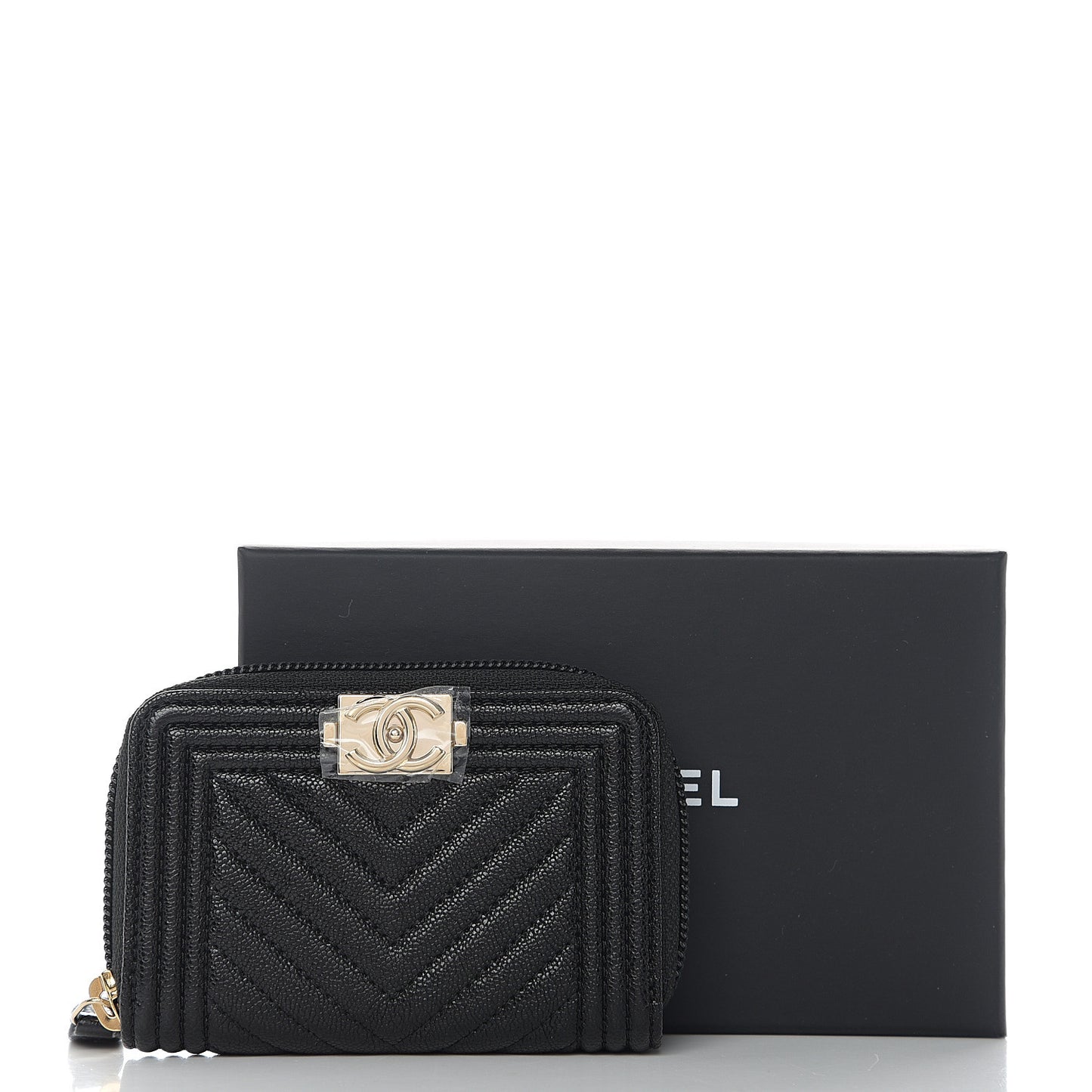 Caviar Chevron Quilted Boy Zip Around Coin Purse Wallet Black