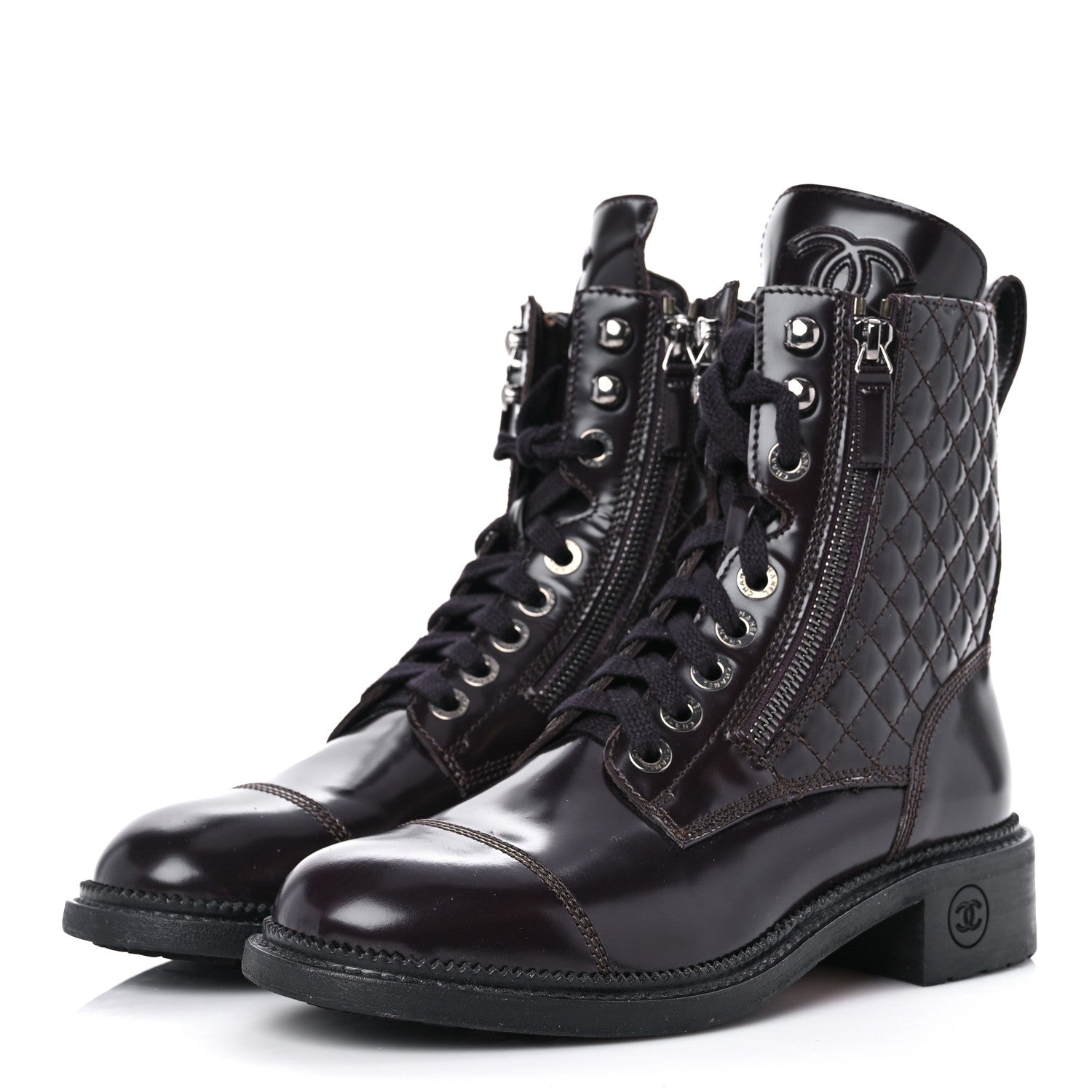 Chanel Glazed Calfskin Quilted Lace Up Combat Boots 37.5 Brown 3 of 15