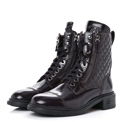 Chanel Glazed Calfskin Quilted Lace Up Combat Boots 37.5 Brown 3 of 15