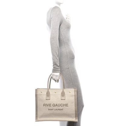 Saint Laurent Linen Calfskin Small Rive Gauche Tote Beige Sea Salt 2 of 10