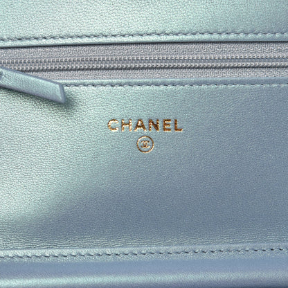 Chanel Metallic Patent Calfskin Quilted Boy Wallet on Chain WOC Light Blue 6 of 10