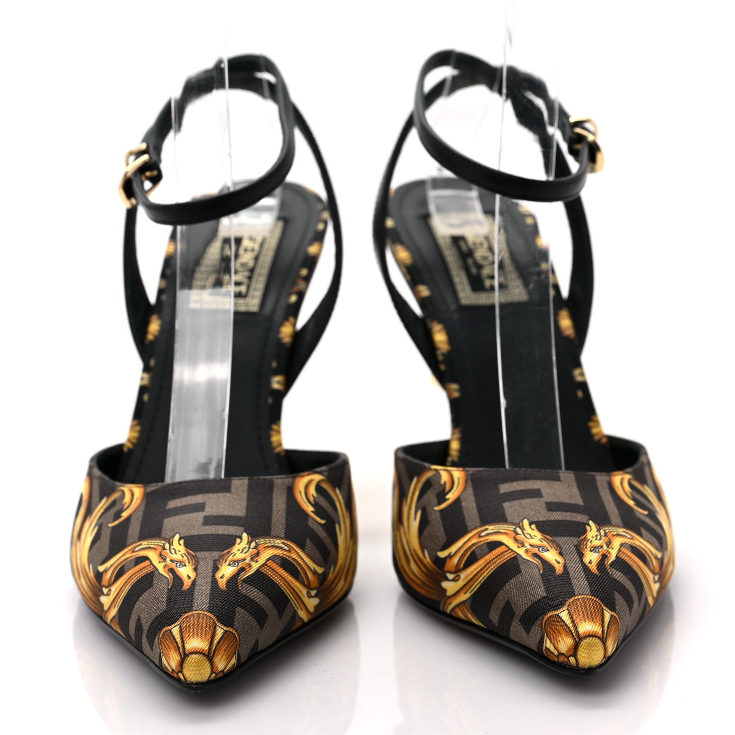 Fendi X VERSACE Silk Calfskin Fendace Fendi First 95mm Slingback Sandals 37 Tobacco Black Gold 2 of 7