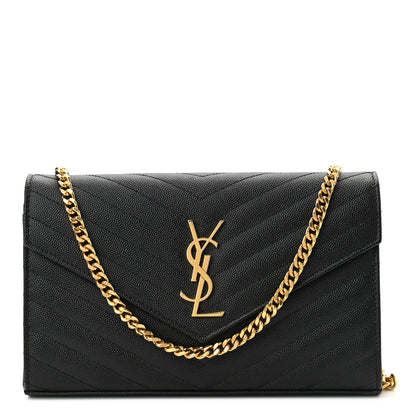 Saint Laurent Grain De Poudre Matelasse Chevron Monogram Chain Wallet Black 1 of 10