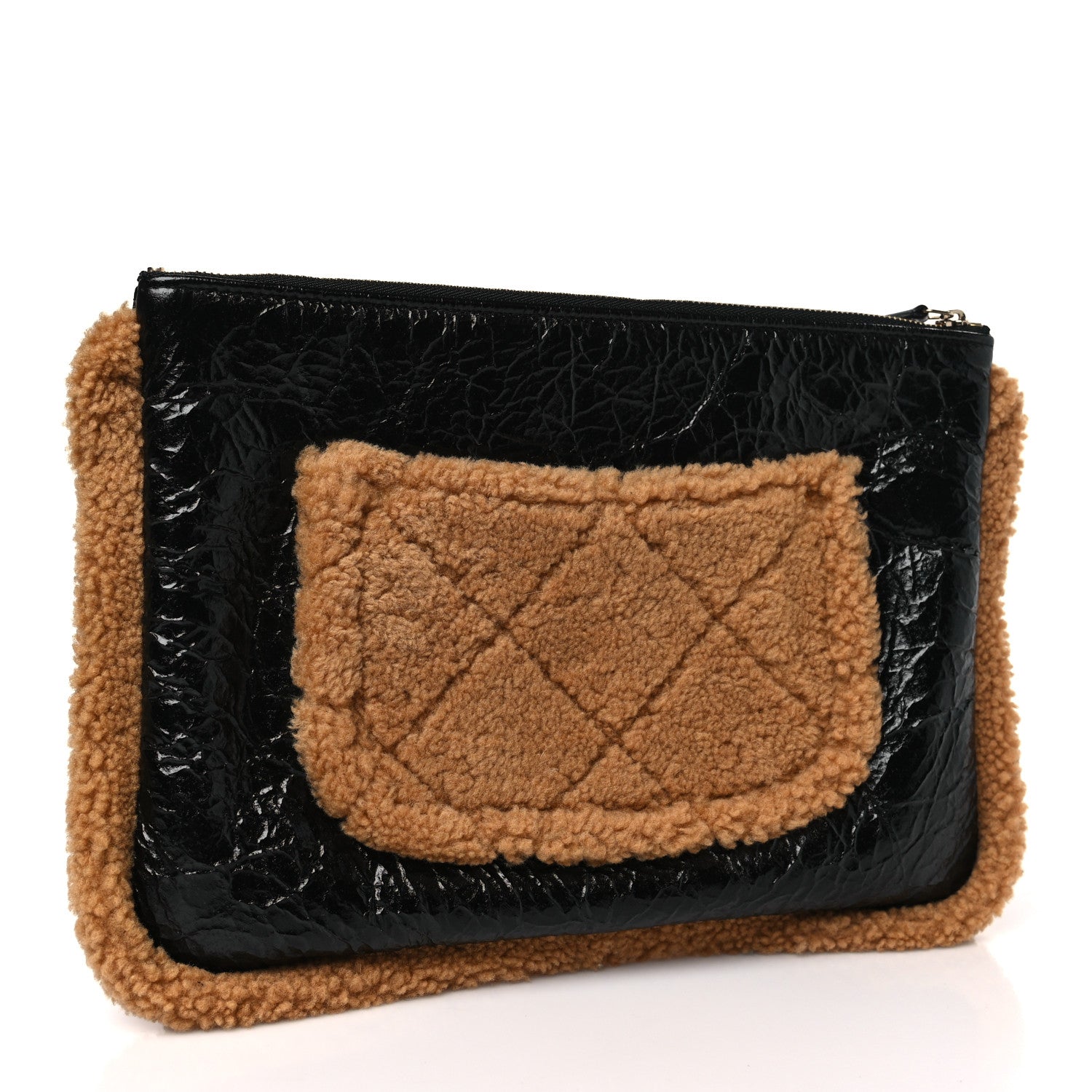 Chanel Shiny Crumpled Sheepskin Shearling CC Mania Zip Pouch Black Beige 3 of 9