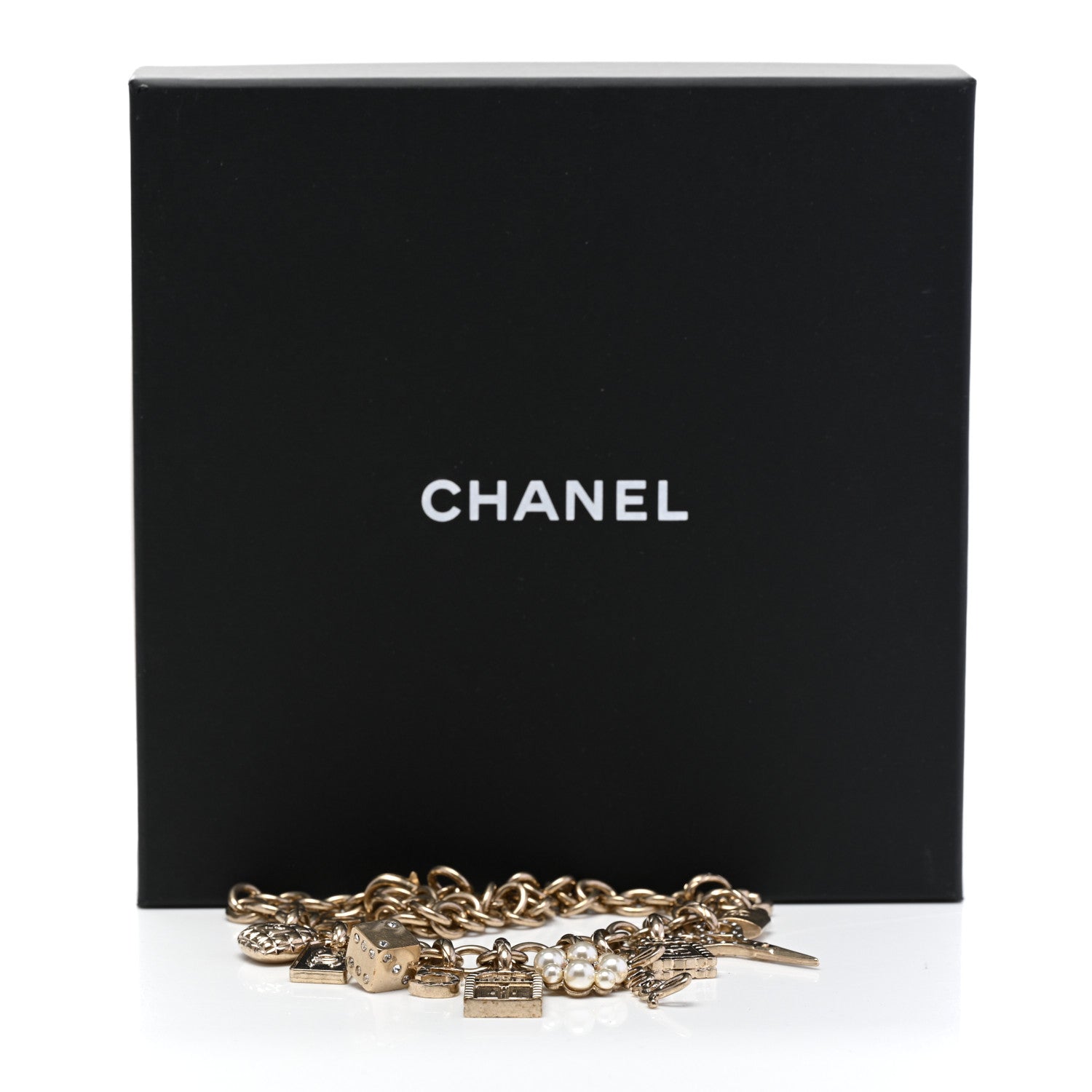 Chanel Metal Crystal Pearl Resin Charms Necklace Gold Red Pearly White 6 of 6
