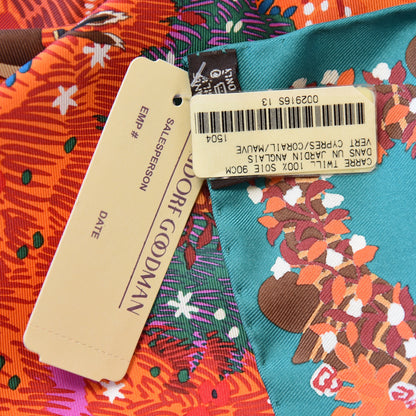 Hermes Silk Dans Un Jardin Anglais Scarf 90 Vert Cypres Corail Mauve 6 of 7