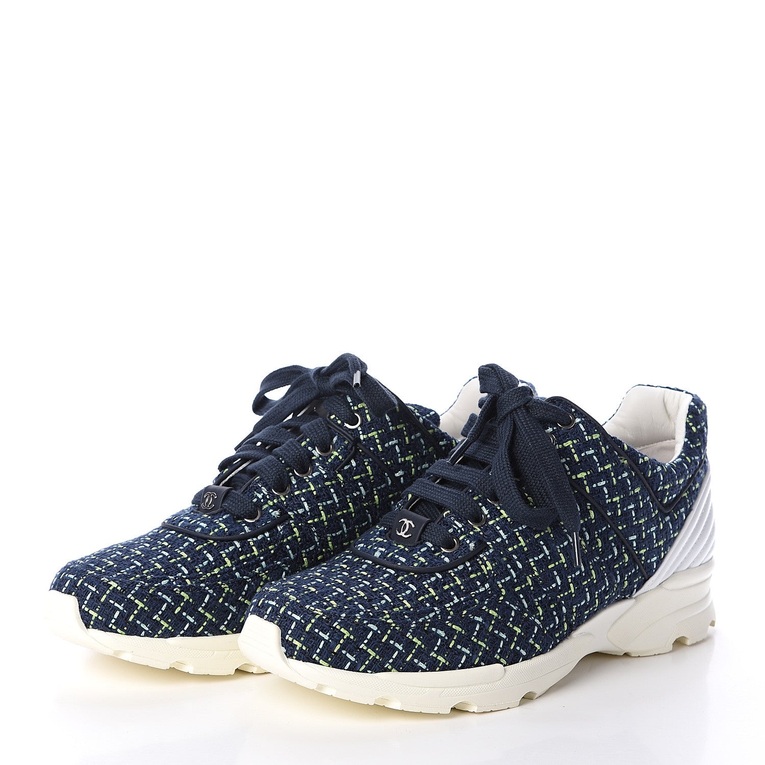 Chanel Tweed Calfskin Sneakers 40 Navy Green 3 of 7