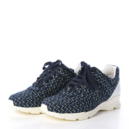 Chanel Tweed Calfskin Sneakers 40 Navy Green 3 of 7