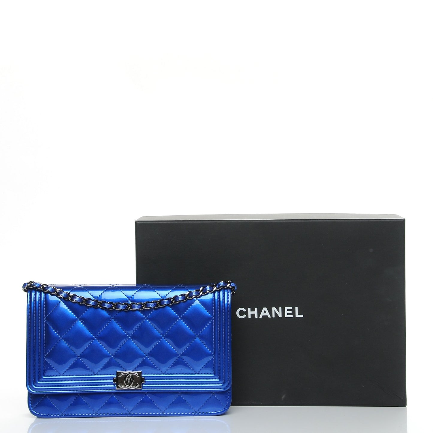 Metallic Patent Calfskin Quilted Boy Wallet On Chain WOC Blue