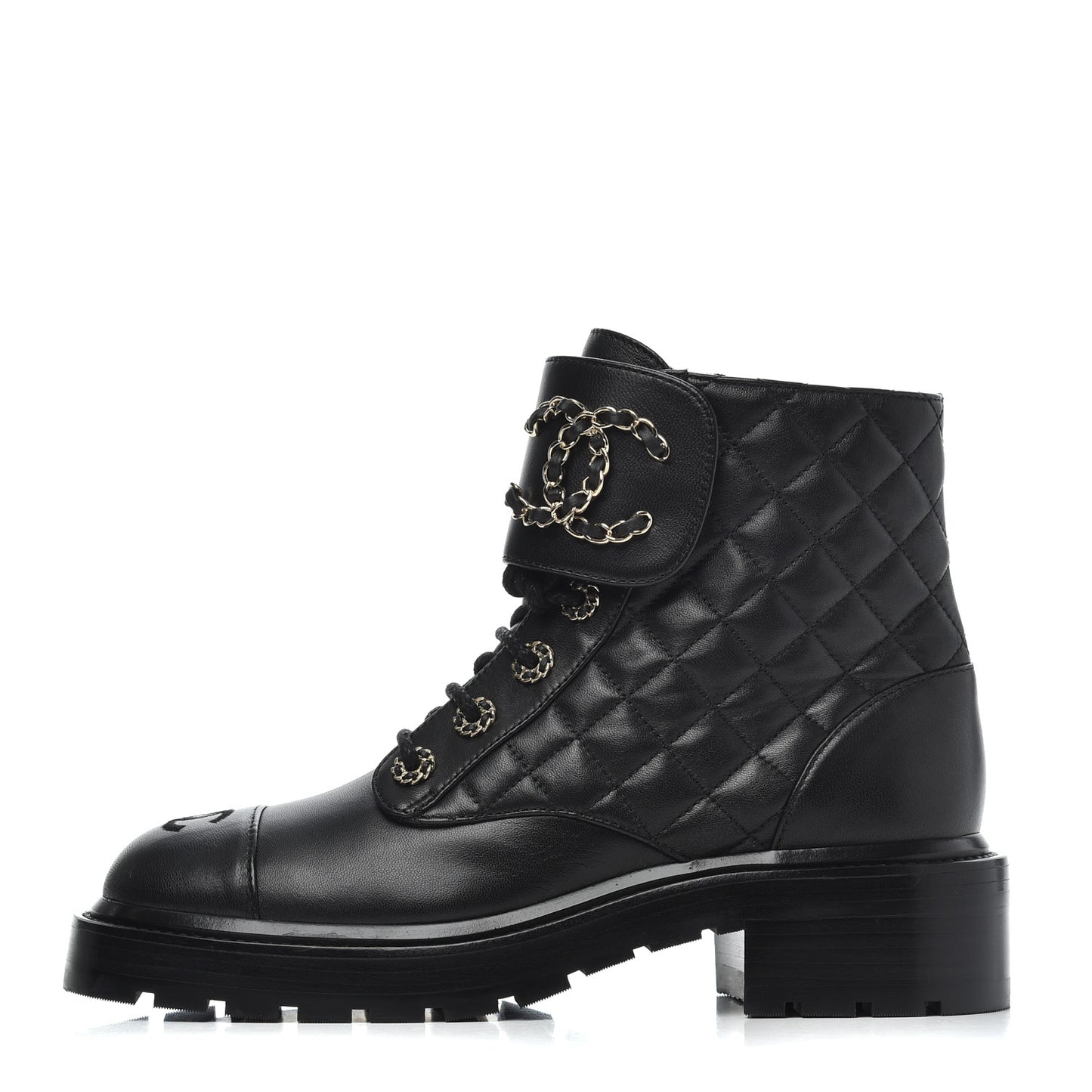 Shiny Lambskin Quilted Lace Up Combat Boots 37.5 Black