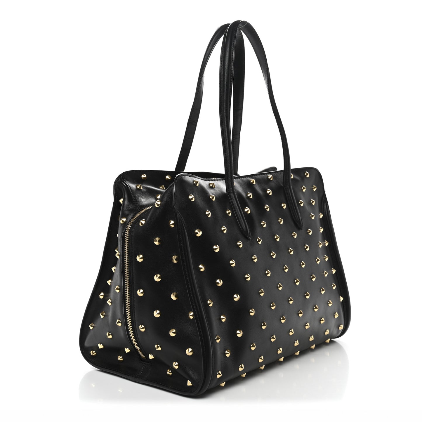 Calfskin Large Studded Padlock Zip Around Tote Black