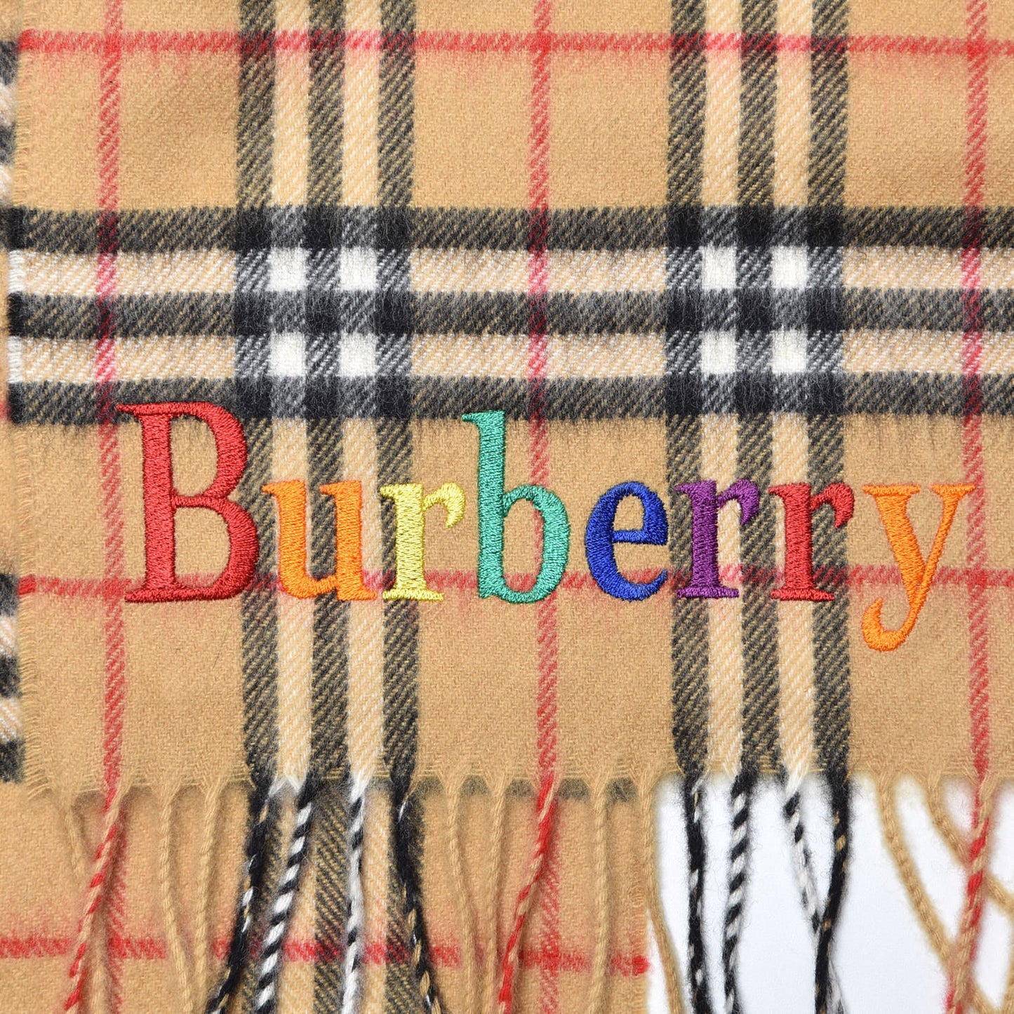 Cashmere Vintage Check Fringe Embroidered Scarf Antique Yellow