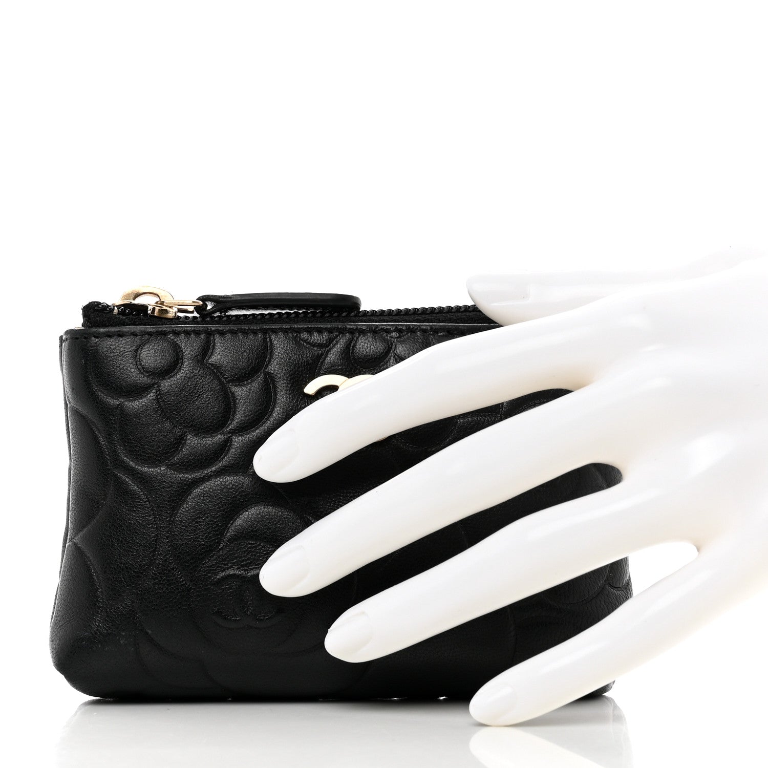 Chanel Lambskin Camellia Embossed Key Holder Case Black 2 of 8