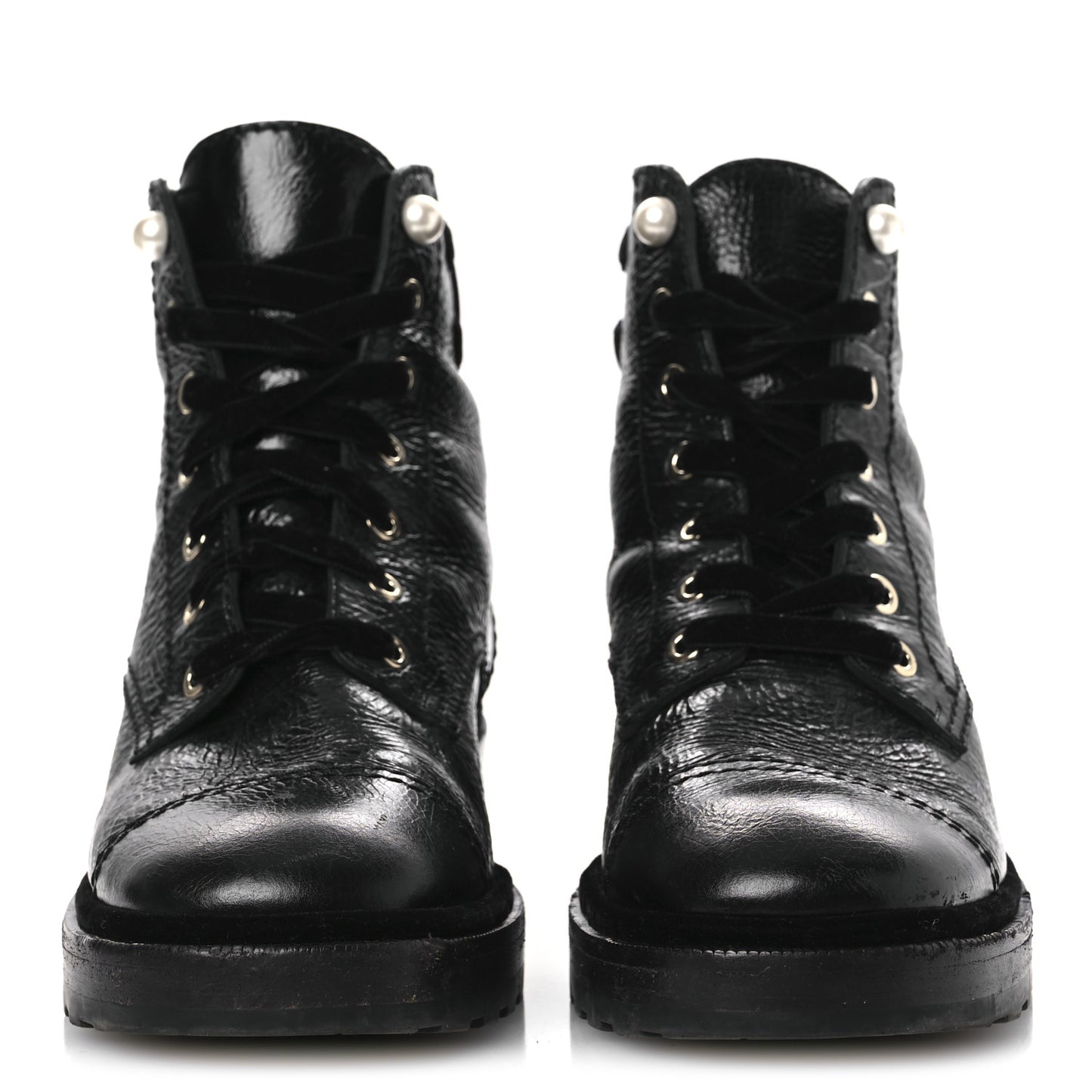Shiny Calfskin Velvet Pearl Combat Short Boots 41 Black