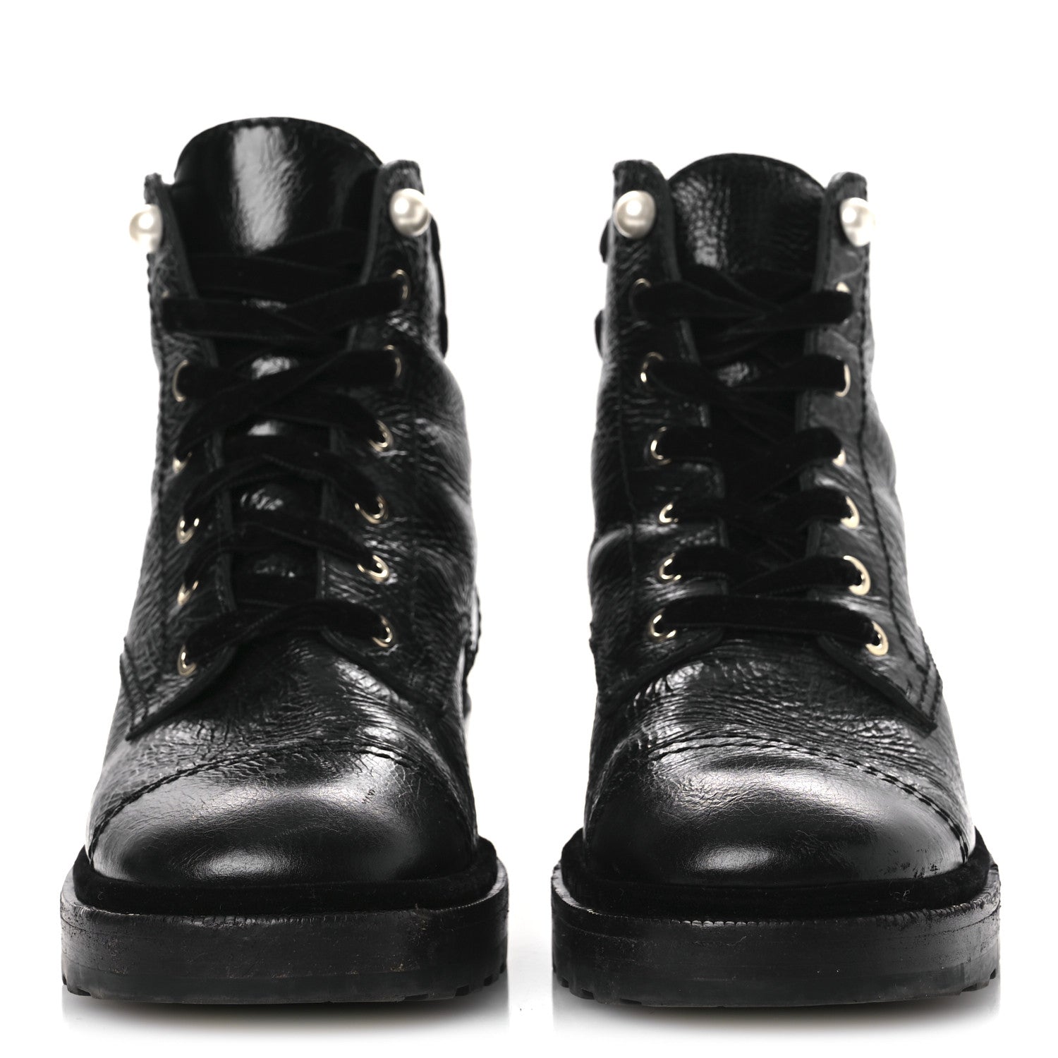 Chanel Shiny Calfskin Velvet Pearl Combat Short Boots 41 Black 3 of 14