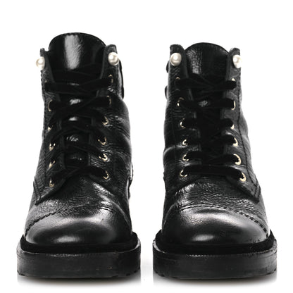 Chanel Shiny Calfskin Velvet Pearl Combat Short Boots 41 Black 3 of 14