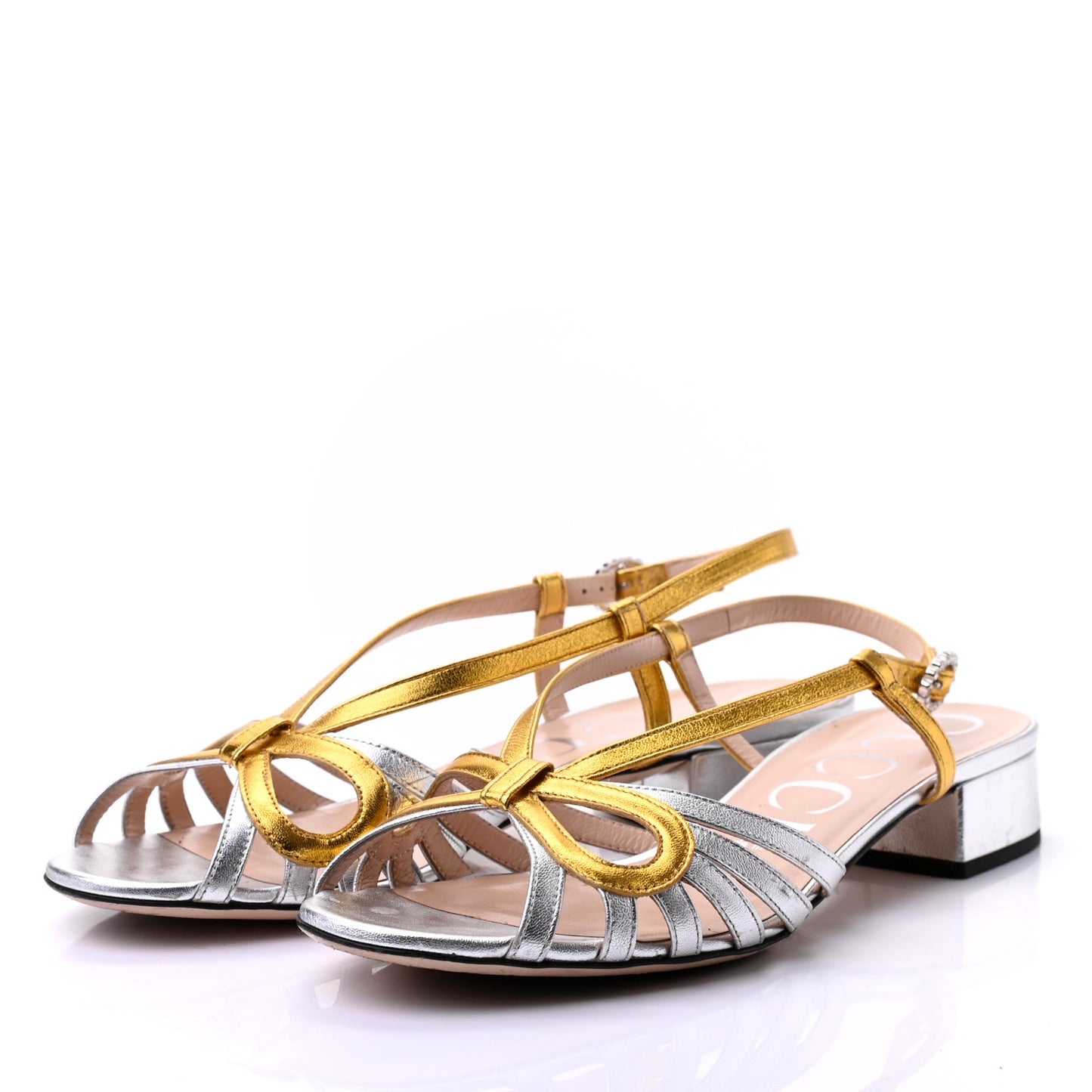 Metallic Nappa Crystal Zephyra Slingback Low Heel Sandals 38 Silver Gold